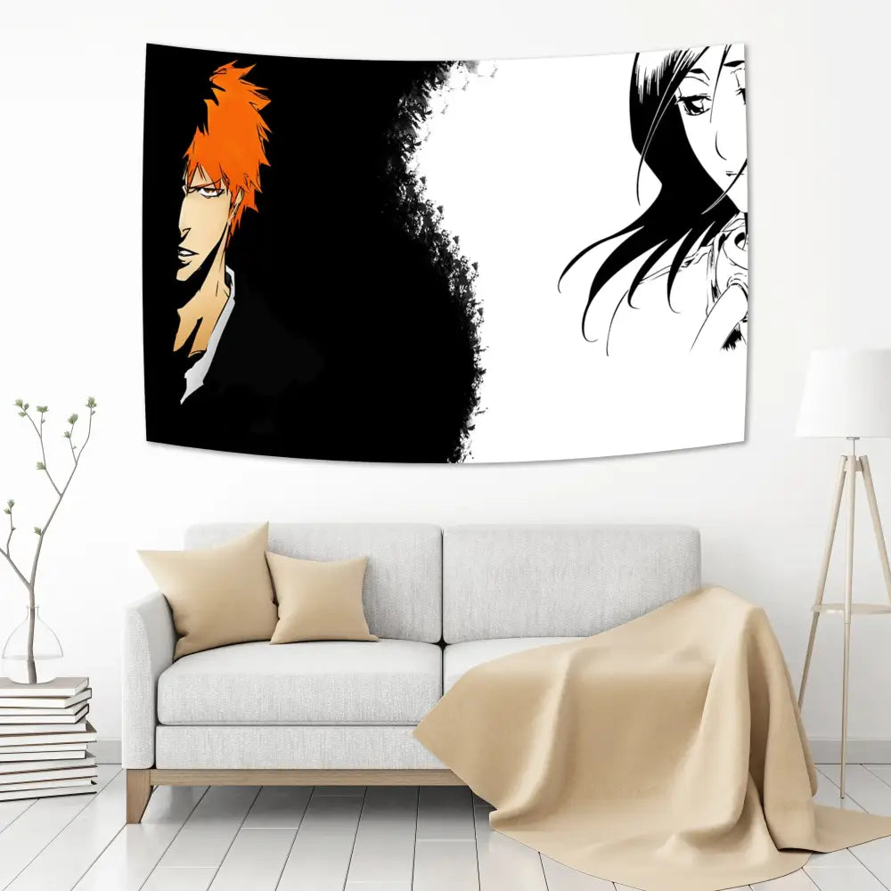 Black and white bleach japan anime tapestry with bold stylized characters for bedroom wall hanging decorbites bleach japan