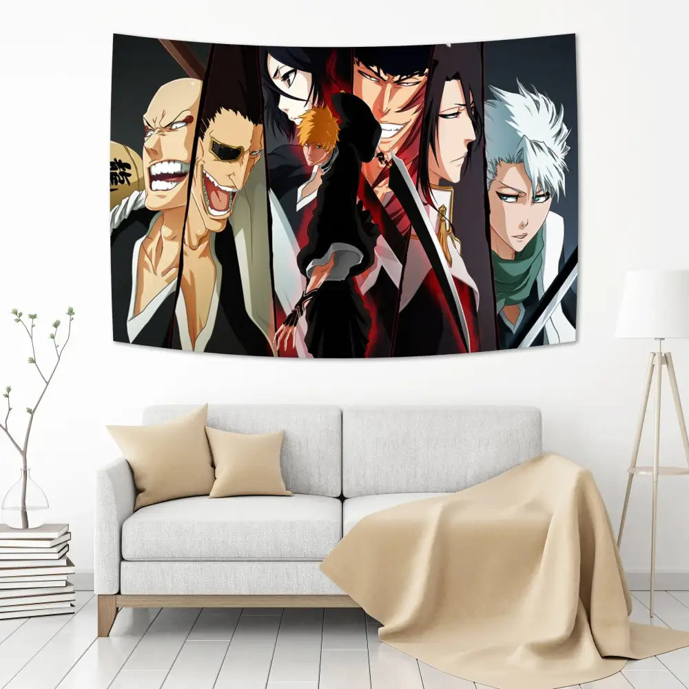 Black and white decorbites bleach japan anime tapestry featuring stylized bleach series figures for bedroom wall hanging