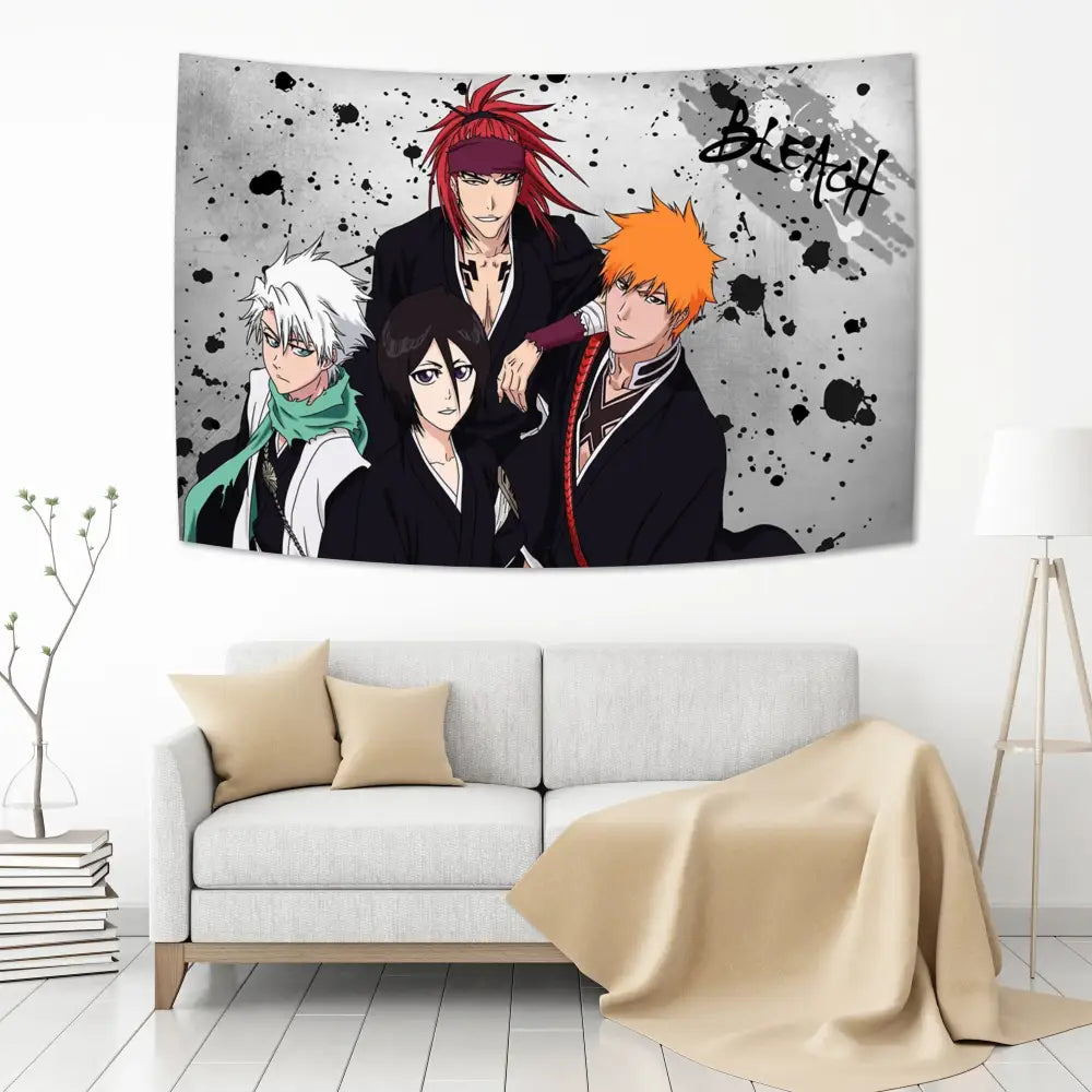 Gray and black splatter-patterned bleach japan anime tapestry featuring four characters for bedroom wall decorbites decor