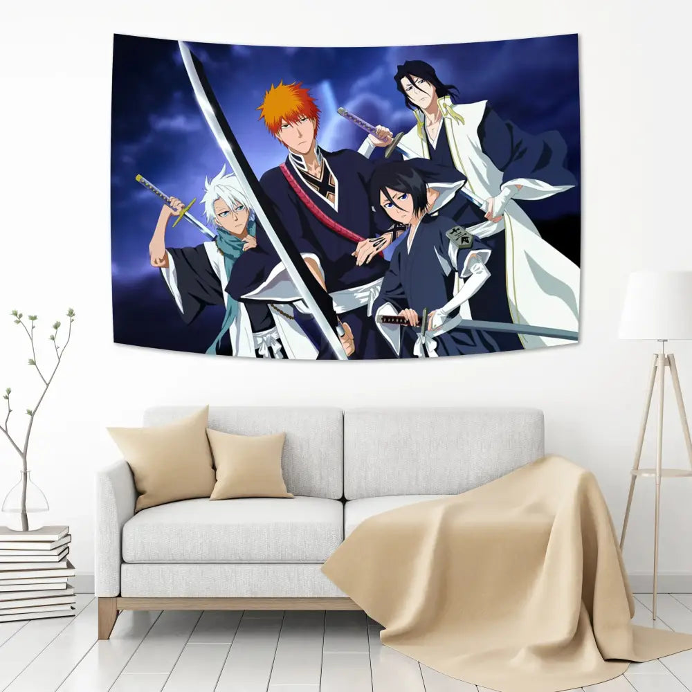 Vibrant bleach japan anime tapestry featuring four characters in dynamic poses against a dark stormy sky decorbites bleach japan