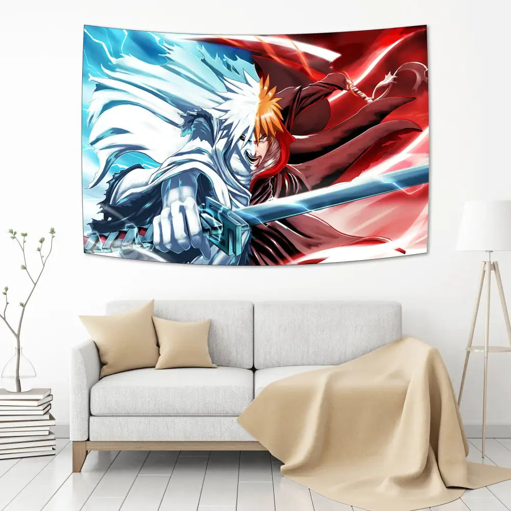 Vibrant bleach japan anime tapestry featuring two characters in dynamic combat poses with blue and red auras for decorbites