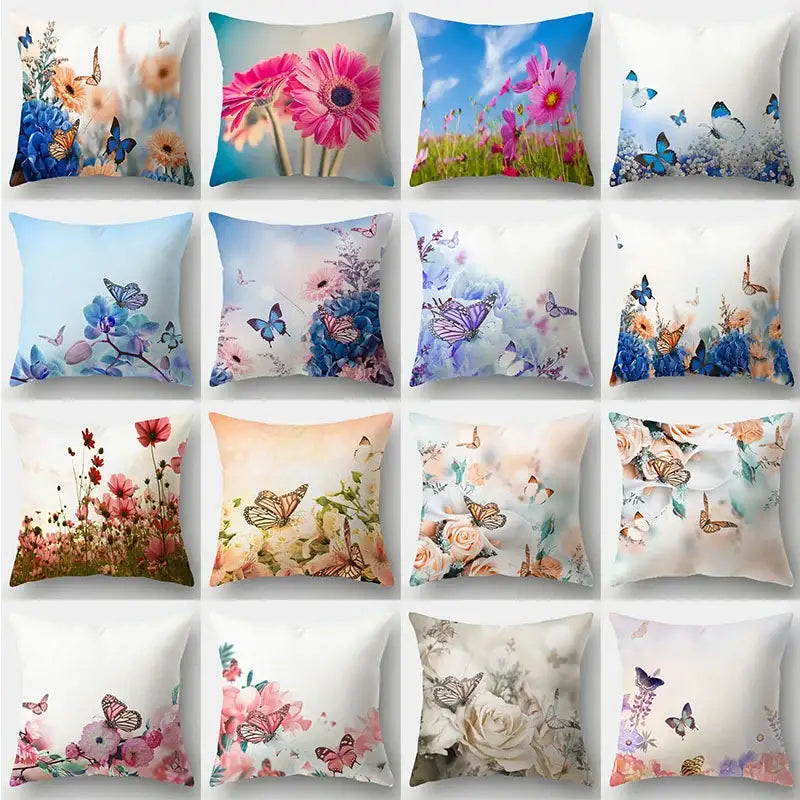A collection of square decorbites butterfly flower pillowcases with vibrant floral and butterfly designs for living room decor