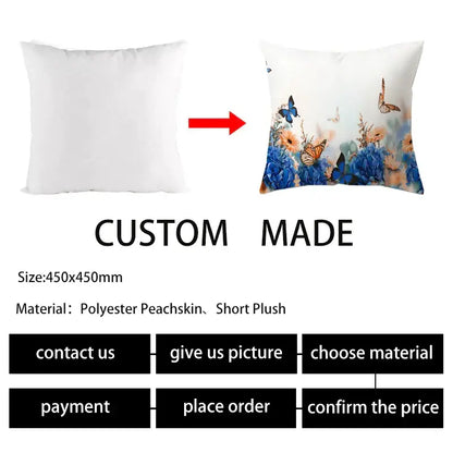 Custom-made square butterfly flower pillow case in blue orange and white on soft polyester peacheskin fabric for decorbites decor