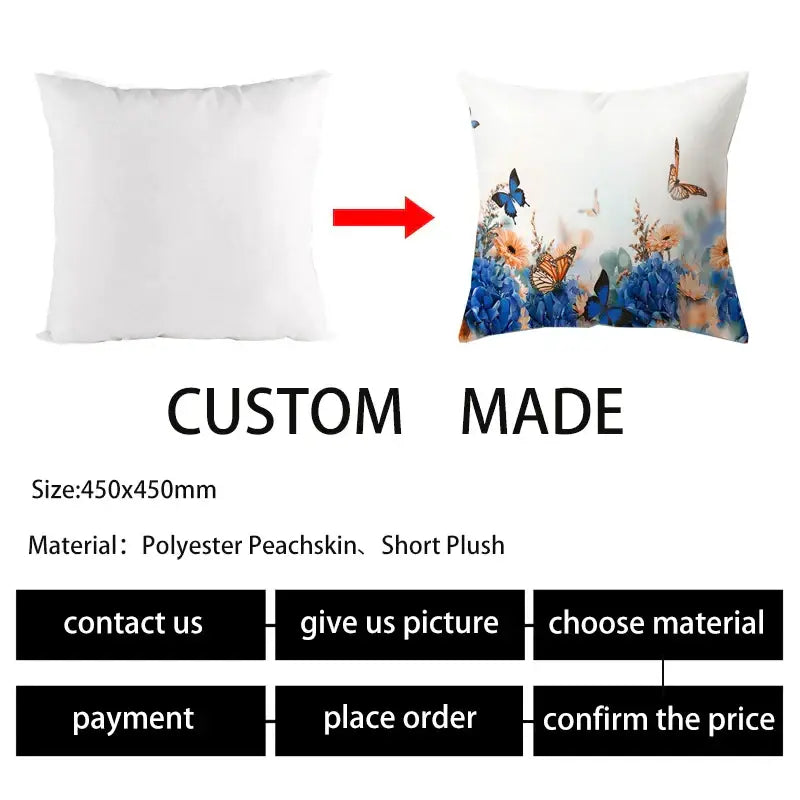 Custom-made square butterfly flower pillow case in blue orange and white on soft polyester peacheskin fabric for decorbites decor