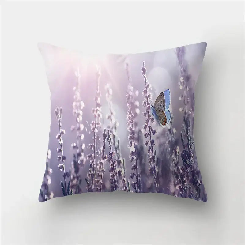 Purple lavender flower pillow case with delicate blue butterfly in flight for decorbites butterfly flower pillow use