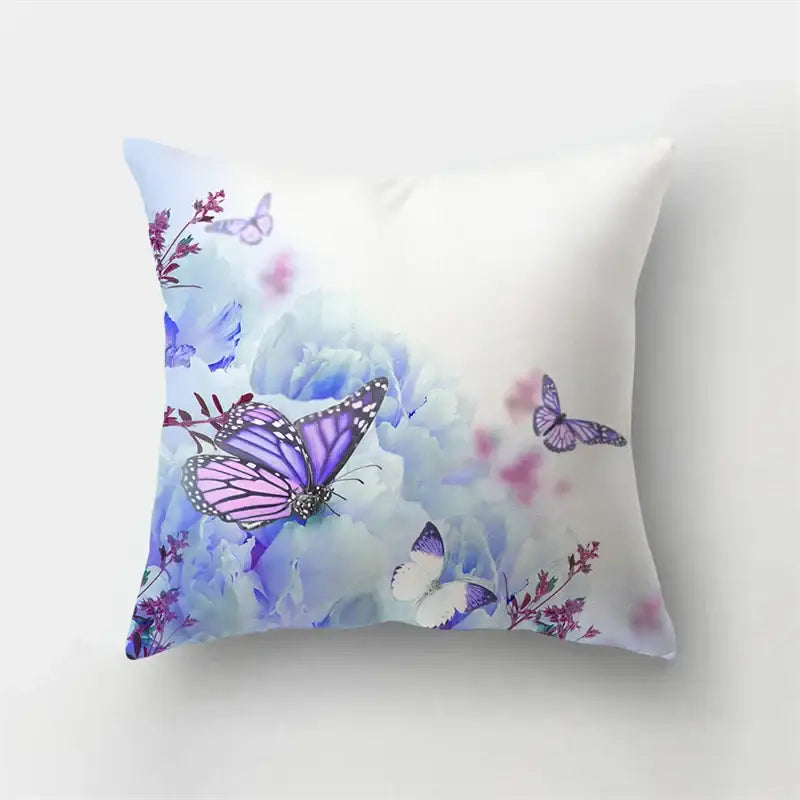 A soft white butterfly flower pillow case with delicate purple and blue decorbites butterfly flower design for living room decor