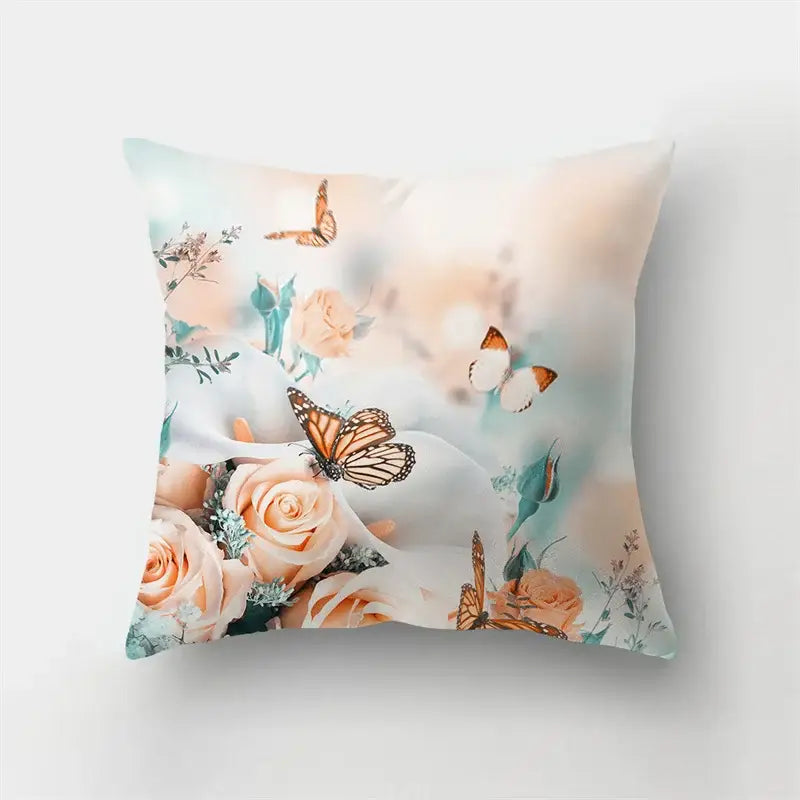 Soft square butterfly flower pillow case with peach roses and orange monarchs on a pastel decorbites butterfly flower design