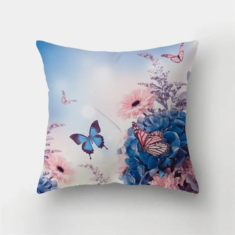 Square butterfly flower pillow case with vibrant blue and pink floral print and butterflies for living room decorbites decor