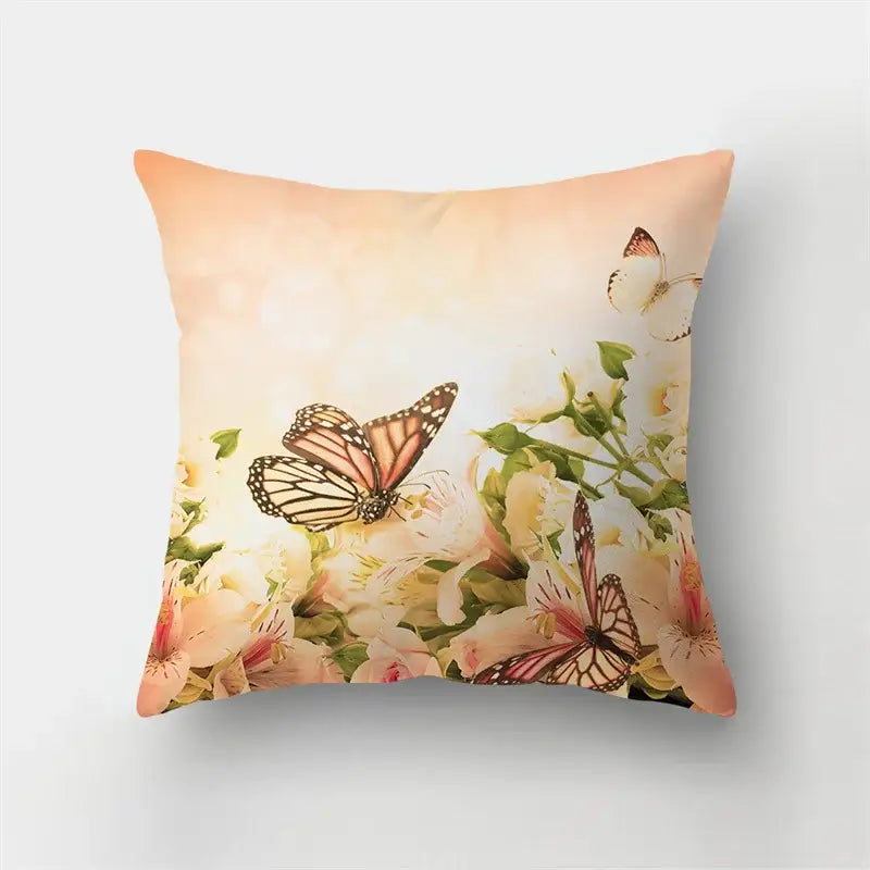 Square butterfly flower pillow case with monarch butterflies on peach and cream background for living room decorbites decor
