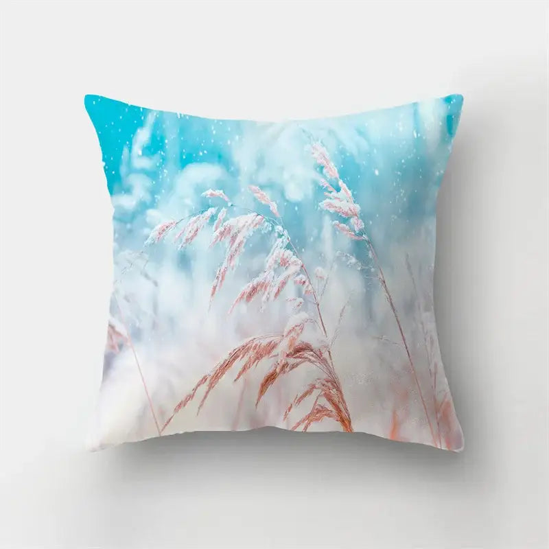 Square throw pillow with soft frosty blue and white background and pinkish brown reeds for decorbites butterfly flower pillow case