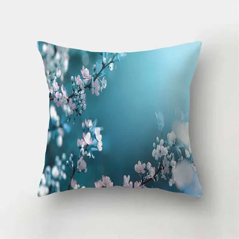 Square butterfly flower pillow case with soft-focus pink white blossoms on teal for decorbites butterfly flower decor