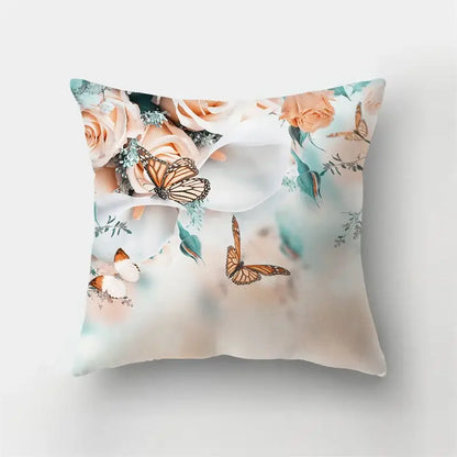 Square throw pillow with soft watercolor peach roses greenery and orange monarch butterflies on cream decorbites butterfly flower pillow case