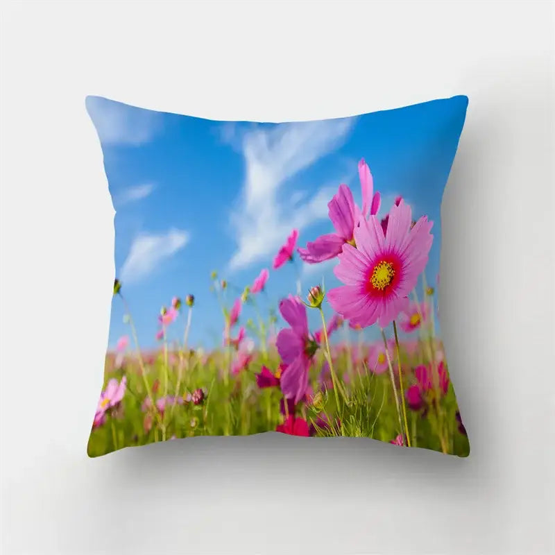Square butterfly flower pillow with vibrant pink cosmos print on green field under blue sky for living room decorbites flower pillow case