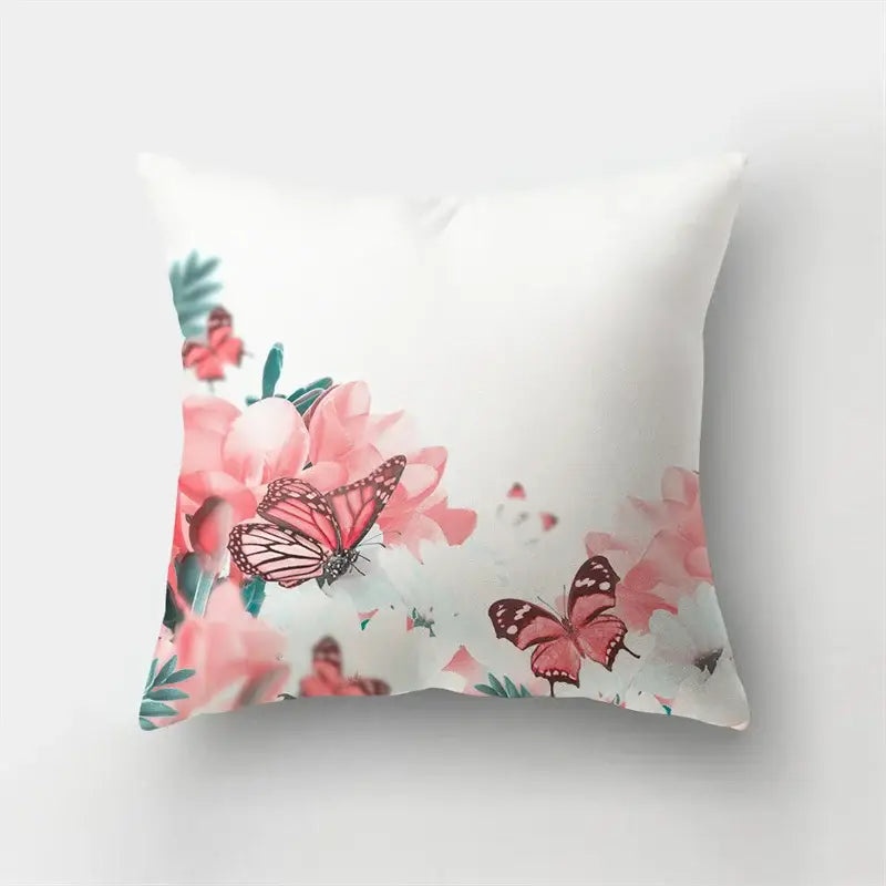 White throw pillow with vibrant pink peonies and monarch butterflies watercolor design decorbites butterfly flower case