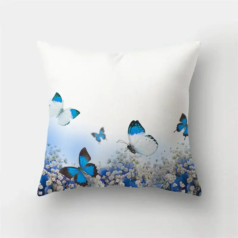 White throw pillow with blue and white butterflies fluttering above tiny flowers decorbites butterfly flower pillow case