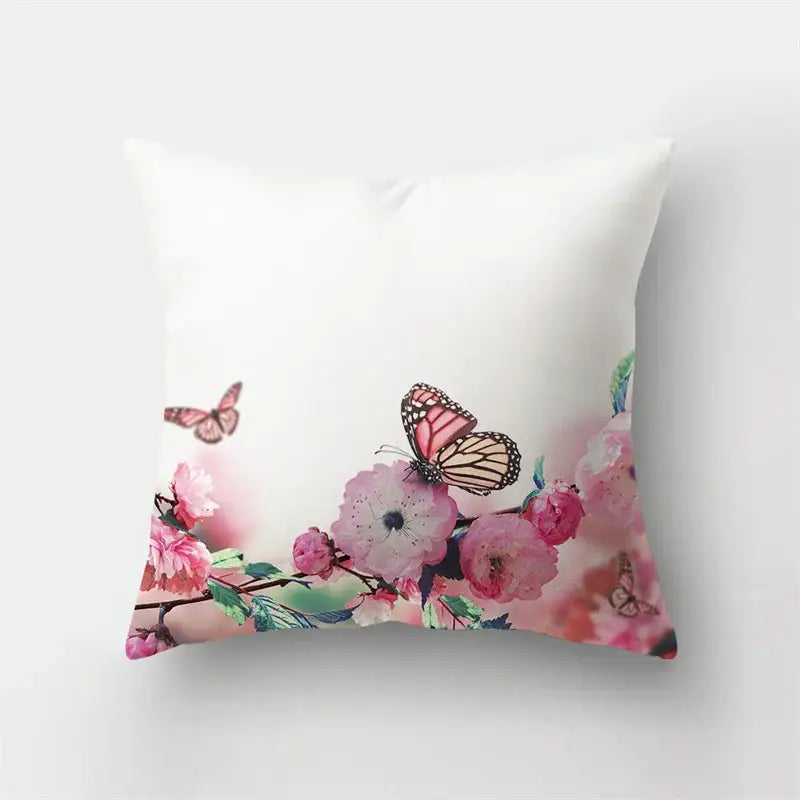 White throw butterfly flower pillow case with vibrant pink blossoms and monarch butterflies for living room decorbites decor