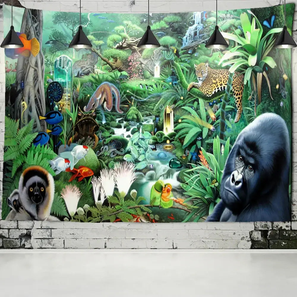 Vibrant colorful dinosaur age tapestry featuring detailed wildlife and lush greenery for bedroom wall decorbites decor