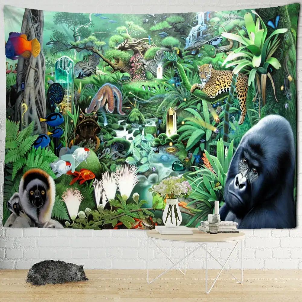 Vibrant colorful dinosaur age tapestry featuring a large gorilla leopard and aquatic creatures for bedroom decorbites decor