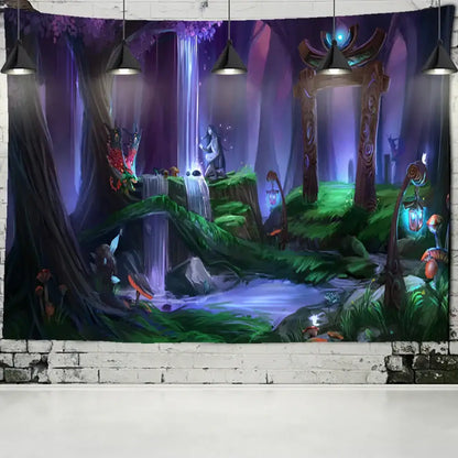 Vibrant colorful dinosaur age tapestry featuring a purple green fantasy forest with glowing lanterns for decorbites dinosaur age decor