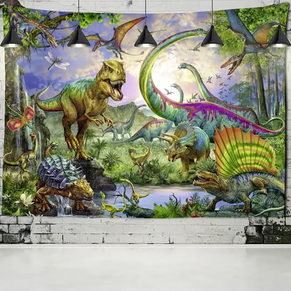 Vibrant colorful dinosaur age tapestry featuring dynamic prehistoric scene with t-rex and stegosaurus for bedroom decorbites decor