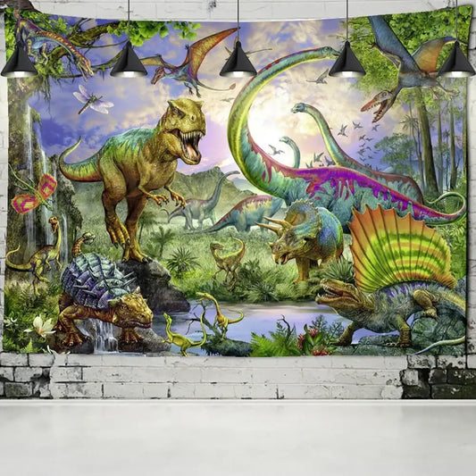 Vibrant colorful dinosaur age tapestry featuring dynamic prehistoric scene with t-rex and stegosaurus for bedroom decorbites decor
