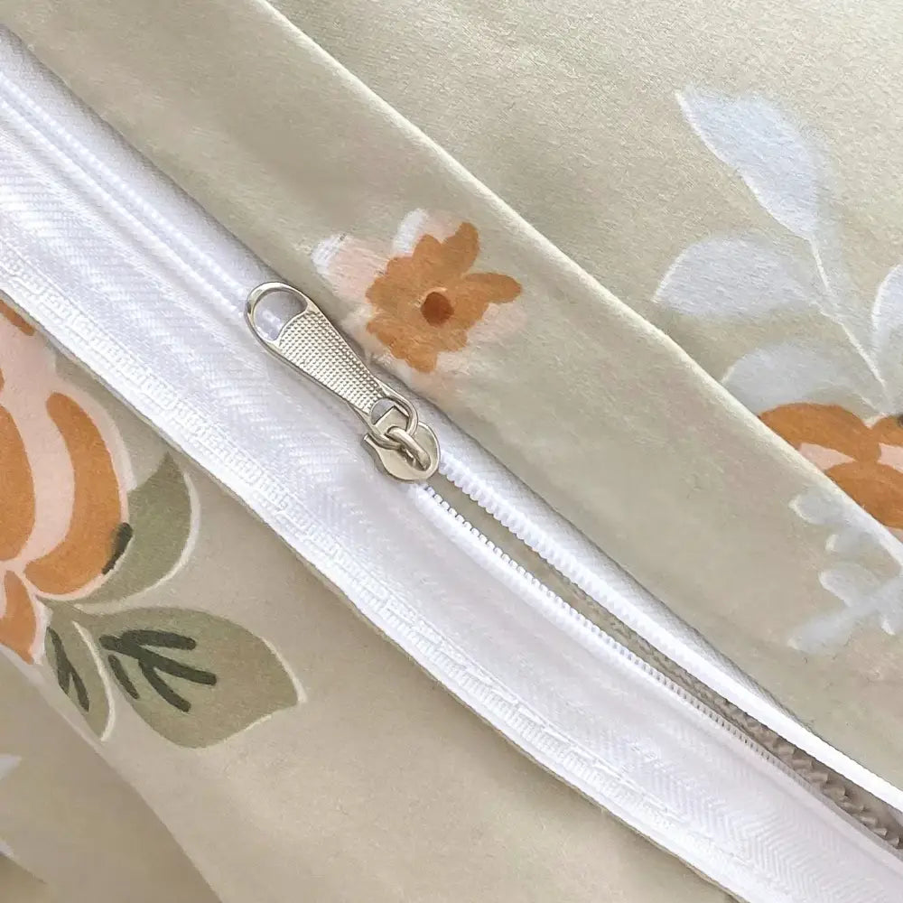 Beige floral-patterned duvet cover bedding set with white zipper and silver pull tab for bedroom decorbites leopard print