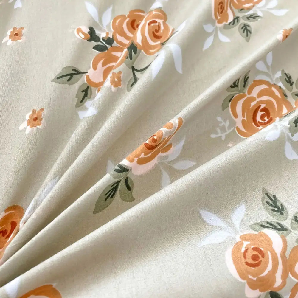Beige duvet cover bedding set with soft vintage-style peach rose and green leaf floral pattern for bedroom decor
