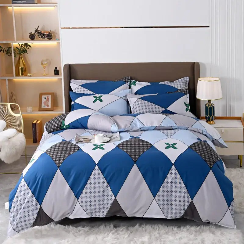 Blue white and gray geometric-patterned duvet cover bedding set with green leaf accents for vibrant bedroom decorbites decor