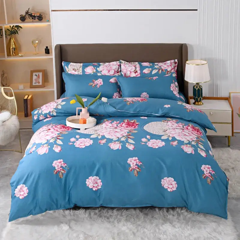 Blue floral duvet cover bedding set with pink roses and green leaves on satin fabric for bedroom decorbites decor