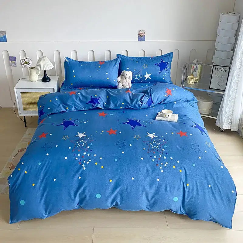 Vibrant floral leaf duvet cover bedding set featuring blue star-patterned fabric with red and white stars for bedroom decor