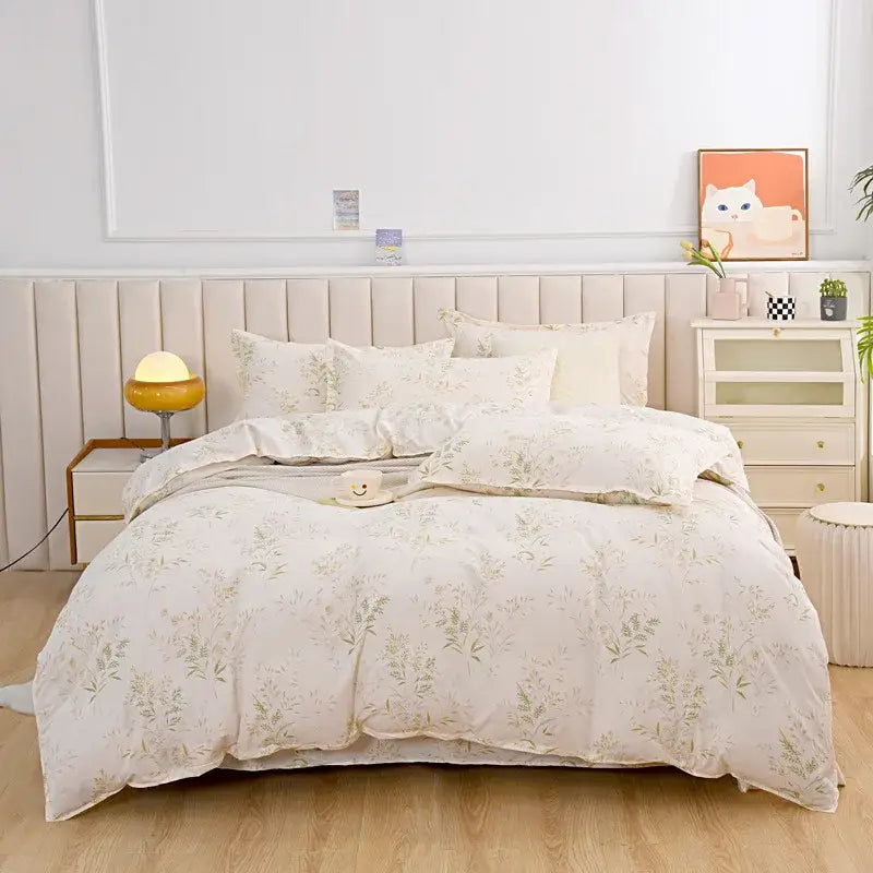 Cream-colored floral duvet cover bedding set with delicate green leaf patterns and soft textured fabric for decorbites leopard print fans