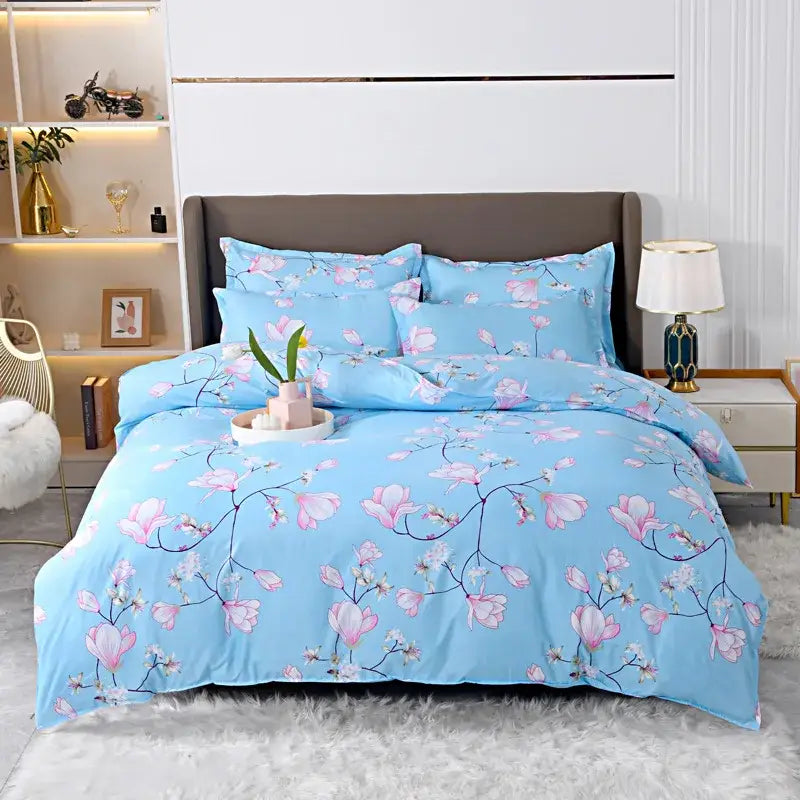 Light blue bedding set with delicate pink magnolia blossom pattern duvet cover perfect for vibrant floral decorbites leopard print