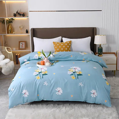 Light blue floral duvet cover with white and yellow daisies and orange hearts in vibrant bedding set decorbites leopard print