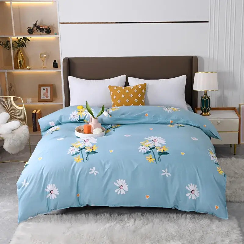 Light blue floral duvet cover with white and yellow daisies and orange hearts in vibrant bedding set decorbites leopard print