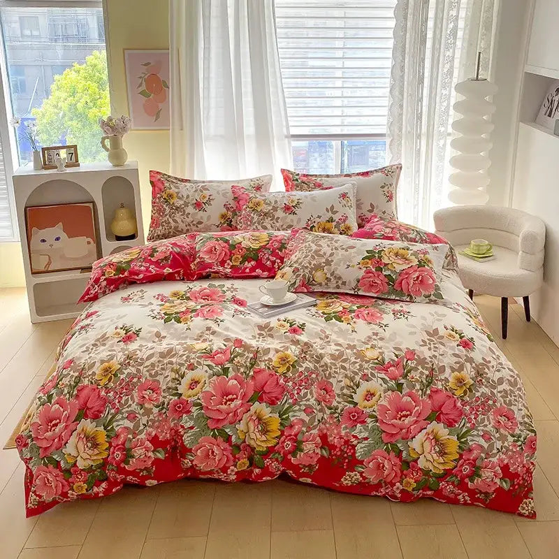 Vibrant floral leaf duvet cover bedding set with bold pink yellow red blossoms on cream background for bedroom decorbites decor
