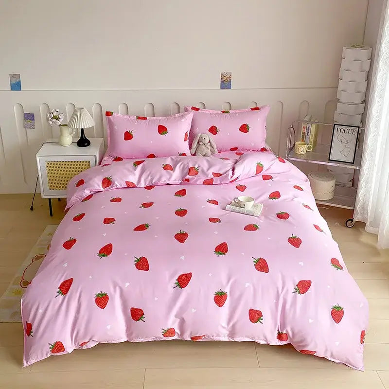 Pink strawberry-themed bedding set with a satin-like finish featuring a vibrant floral leaf duvet cover for bedroom decor