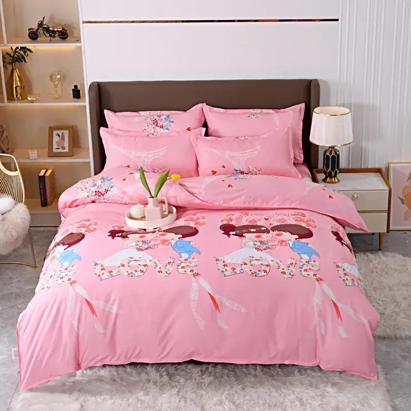Pink floral-patterned duvet cover bedding set with cartoon girls on soft cotton fabric for bedroom decorbites leopard print decor