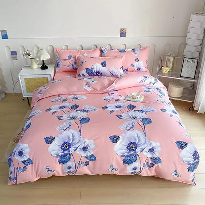 Pink vibrant floral leaf duvet cover bedding set with white and blue blossoms and leaves for bedroom decorbites decor