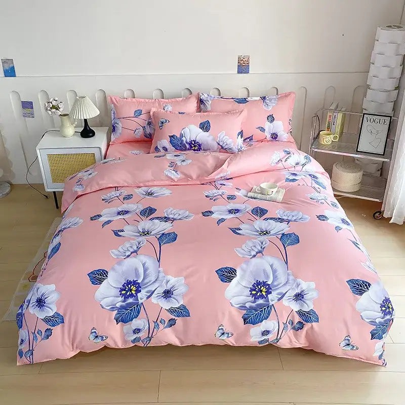 Pink vibrant floral leaf duvet cover bedding set with white and blue blossoms and leaves for bedroom decorbites decor