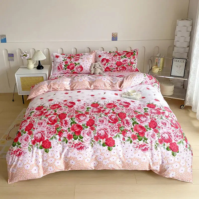 Vibrant floral leaf duvet cover bedding set with pink and red flowers and soft textured fabric for bedroom decorbites decor