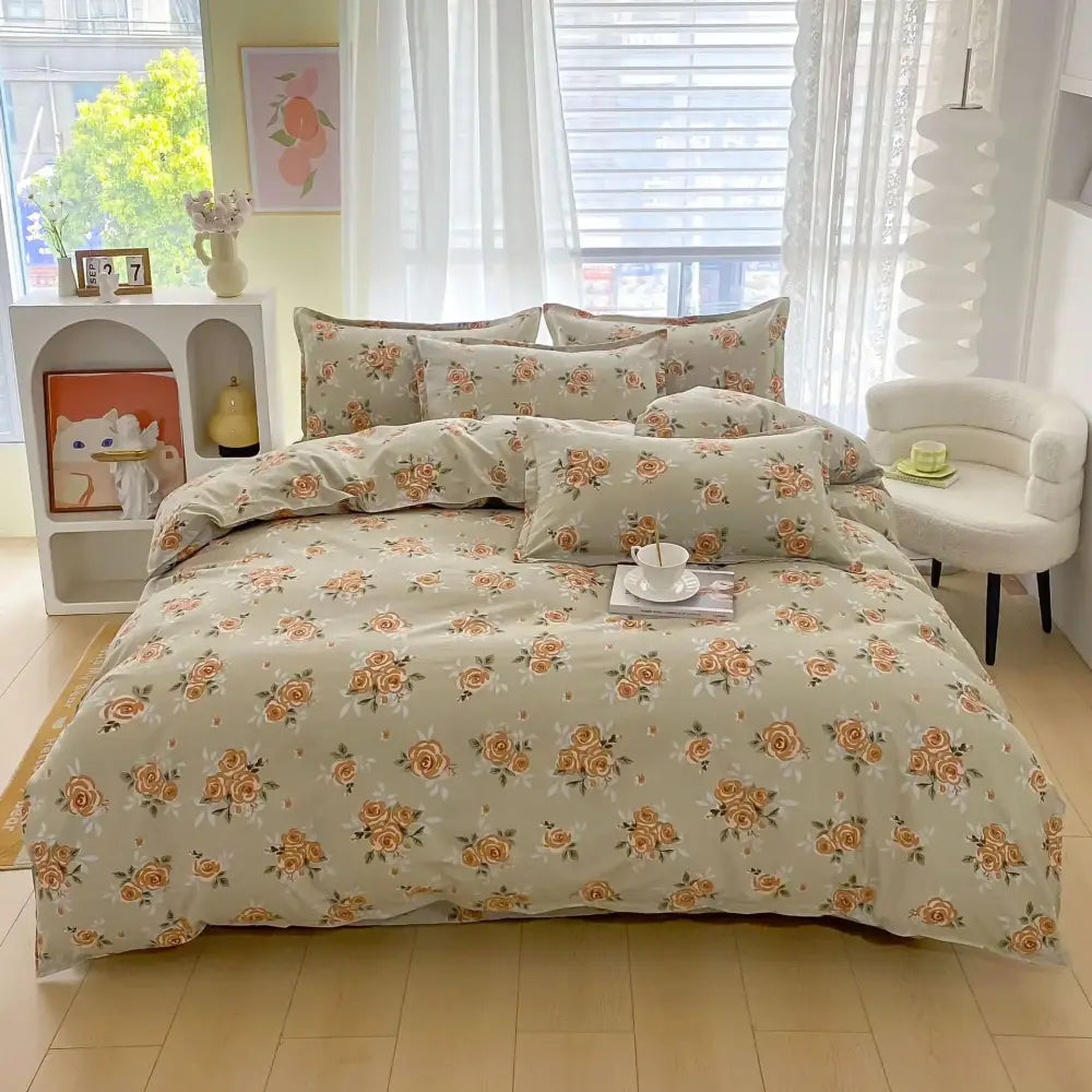Soft sage green duvet cover bedding set with peach and orange rose pattern for vibrant floral leaf decorbites leopard print