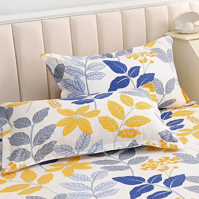 White pillowcases with vibrant yellow and blue leaf pattern on cream background duvet cover bedding set decorbites leopard print