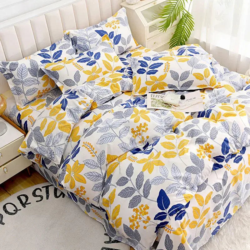 White duvet cover bedding set with vibrant yellow blue and gray floral leaf pattern for bedroom decorbites decor