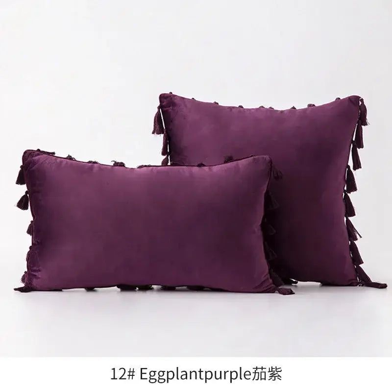 Eggplant purple velvet throw pillows with decorative fringed tassel velvet edges for living room decorbites decor
