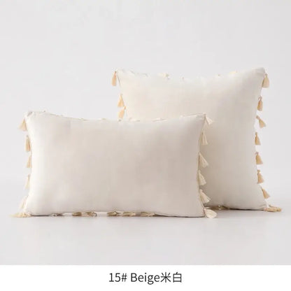 Beige rectangular fringed tassel velvet pillowcase with soft fabric and decorative tassels for living room decorbites decor