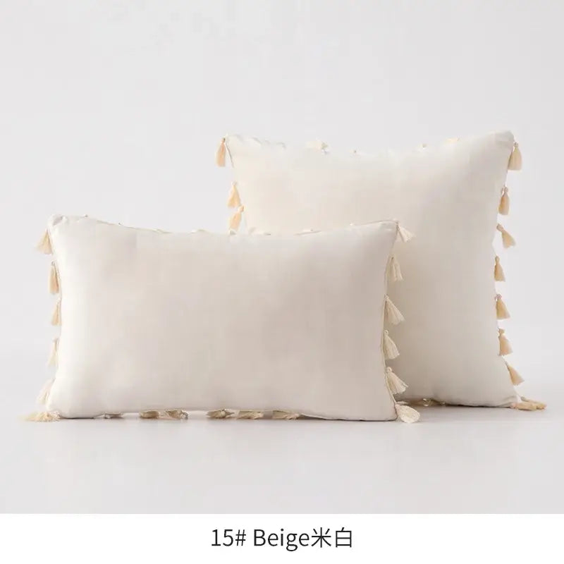 Beige rectangular fringed tassel velvet pillowcase with soft fabric and decorative tassels for living room decorbites decor
