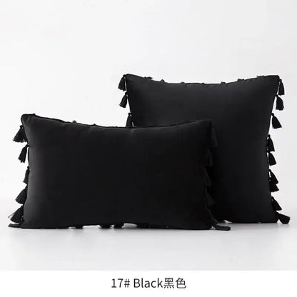 Black rectangular and square throw pillows with fringed tassel velvet trim for vibrant living room decorbites fringed tassel