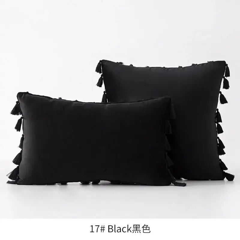Black rectangular and square throw pillows with fringed tassel velvet trim for vibrant living room decorbites fringed tassel