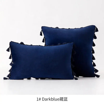 Dark blue velvet throw pillows with black fringed tassel velvet edges for living room decorbites fringed tassel use