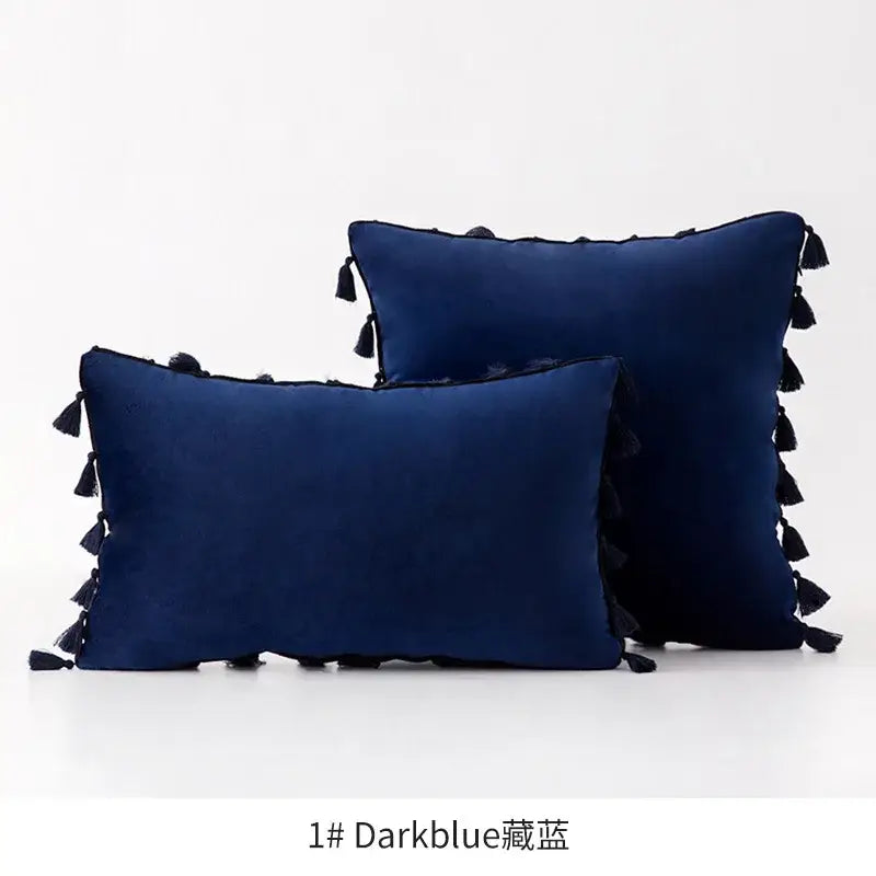 Dark blue velvet throw pillows with black fringed tassel velvet edges for living room decorbites fringed tassel use